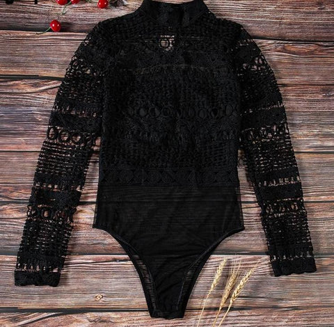 Black Bodycon Knitted Lace Bodysuit