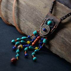 Long Leather Blue Bohemian Jewelry Boho Necklace