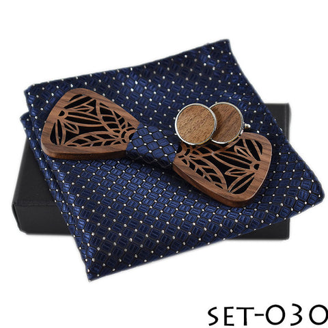 Luxury Handkerchief Cufflink Wooden Bow Tie