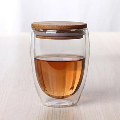 Bamboo Lid Insulate Transparent Double Glass Set Teacup Coffee Mugs