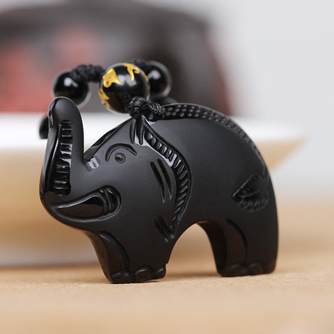 Lucky Wealth Elephant Black Obsidian Necklace