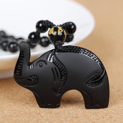 Lucky Wealth Elephant Black Obsidian Necklace