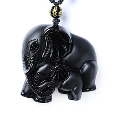 Wealth Lucky Elephant Black Obsidian Necklace
