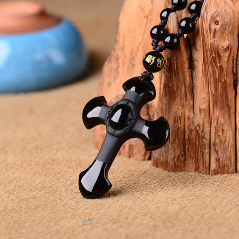 Cross Black Obsidian Necklace