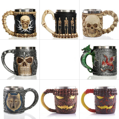 Skull Knight Tankard Dragon Viking Stainless Beer Tea Cup Coffee Mugs