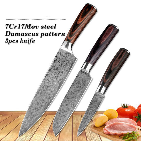 3Pcs Japanese Cleaver Paring Slicing Utility Damascus Pattern Set Chef Kitchen Knife