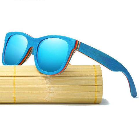 Mirror Blue Frame Retro Wooden Bamboo Sunglasses