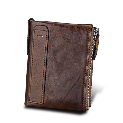 Genuine Leather RFID Double Mens Zipper Wallet