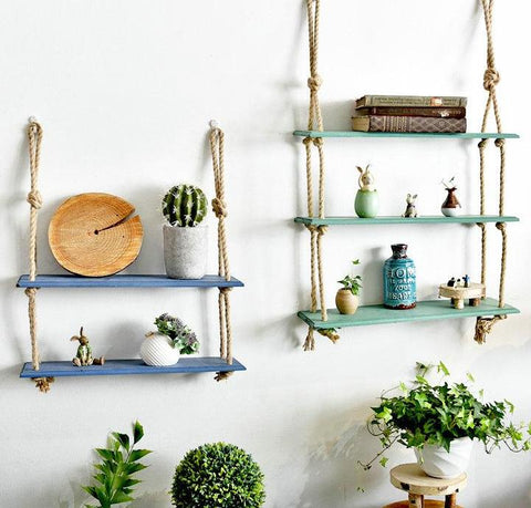 Retro Wood Rope Decorative Floating Wall Shelves