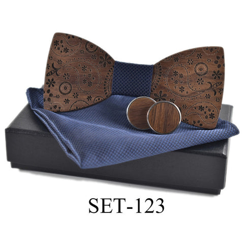 New Fashion Handkerchief Cufflink Wooden Bow Tie
