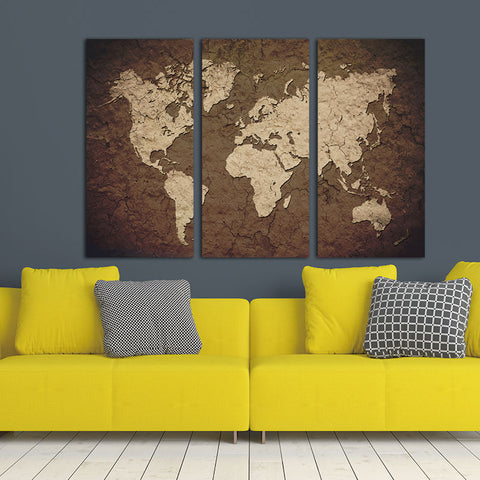 3Pcs Vintage World Map Living Room Canvas Wall Art