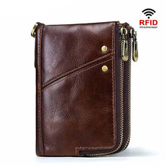 RFID Genuine Leather Double Mens Zipper Wallet