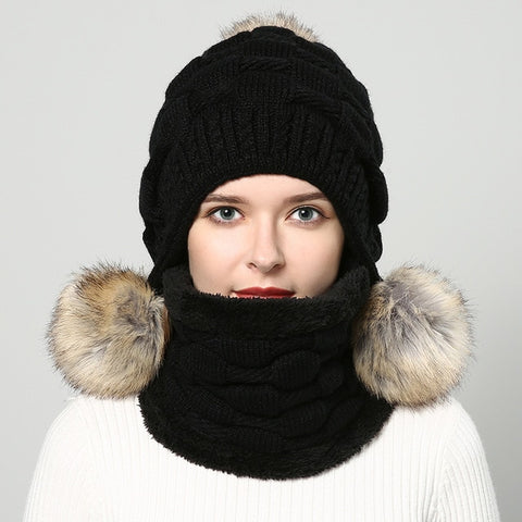 Pompom Fur Knitted Beanie Hat With Scarf