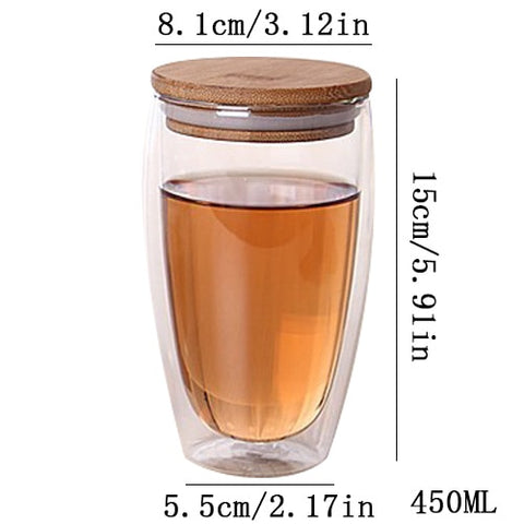 Bamboo Lid Insulate Transparent Double Glass Set Teacup Coffee Mugs