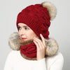 Image of Pompom Fur Knitted Beanie Hat With Scarf