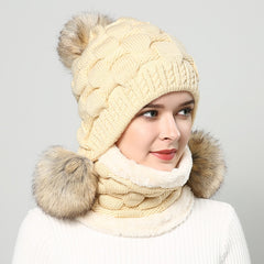 Pompom Fur Knitted Beanie Hat With Scarf